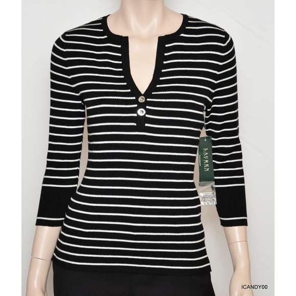 Lauren Ralph Lauren Sweaters - Lauren by Ralph Lauren KERWYN Striped Cotton Henley Sweater Black M/L Nwt $89